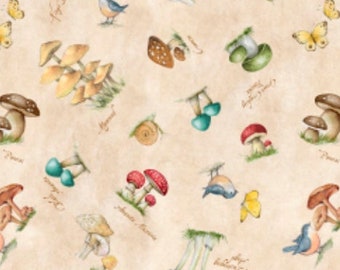 Fabric - Savor the Gnoment - Mushrooms Birds & Butterfies All Over on Light Beige! New!!!