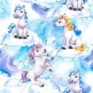 May include: Watercolor illustration of unicorns with blue, pink, and yellow manes and tails. The unicorns are set against a backdrop of fluffy white clouds and a blue and white sky. The unicorns are in various poses.
