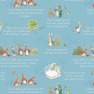Fabric - The TALE of PETER RABBIT *Text Blue* New!! 100% Premium Cotton Quilting Fabrics by Riley Blake Designs - Sew Sweet !!