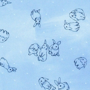 Fabric BUNNY LANE "PERIWINKLE" Bunnies Playing on Blue by Briar Hill Designs *Wishwell Fabrics Premium Cotton Continuous Cut Always
