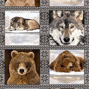 Fabric Panel *REFLECTIONS* Bear, Fox, Lion, Wolf - Animals GRAY Portraits by TWO Can Art!! Beautiful Animals - All 8 pictures Included!!