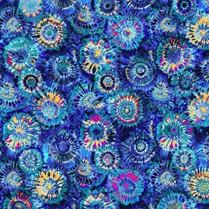 May include: A vibrant fabric featuring a repeating pattern of colorful, circular designs. The pattern includes shades of blue, teal, yellow, and pink, creating a tie-dye effect. The overall design is dense and visually engaging, suitable for various craft projects.