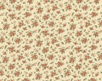 Pode incluir: Um tecido de cor creme com um padrão repetitivo de pequenas flores marrons e folhas verdes.