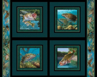 May include: A fabric panel featuring four square images of fish underwater, each framed in teal and black. The images depict various fish species with open mouths, set against a backdrop of aquatic plants and rocks. The panel's borders have fish and plant designs.