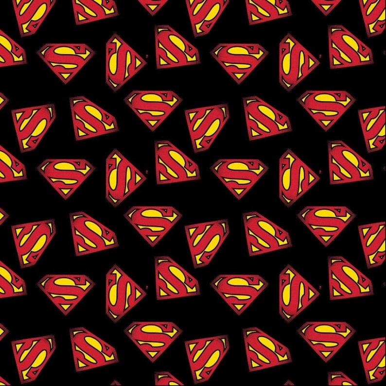 May include: A black background with a repeating pattern of red and yellow Superman logos.