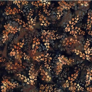 May include: A fabric with a repeating pattern of stylized leaves in shades of orange, brown, and gray against a dark background. The leaves have a textured appearance, creating a sense of depth and visual interest. The overall design has a natural, organic feel.