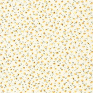 May include: A white background with a repeating pattern of small yellow flowers with green stems.