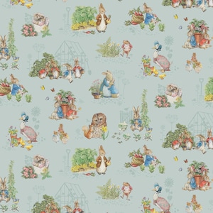 May include: A repeating pattern featuring illustrations of rabbits, ducks, owls, and other woodland creatures in a garden setting. The design includes flowers, vegetables, and garden tools on a light blue background.