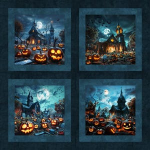 May include: A Halloween-themed fabric panel featuring four square images. Each image depicts a spooky scene with a church, glowing jack-o'-lanterns, a full moon, and bats. The color palette is dominated by blues, oranges, and blacks, creating a haunting atmosphere.