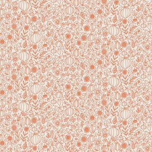 May include: A cream-colored fabric with a repeating pattern of orange pumpkins, flowers, leaves, and acorns. The design features detailed line drawings of autumn elements, creating a seasonal, harvest-themed textile.