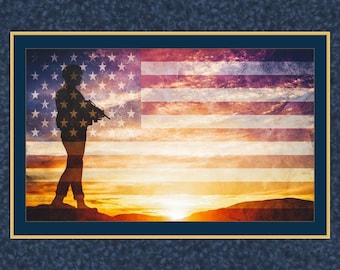 May include: Silhouette of a soldier standing in front of an American flag with a sunset background.