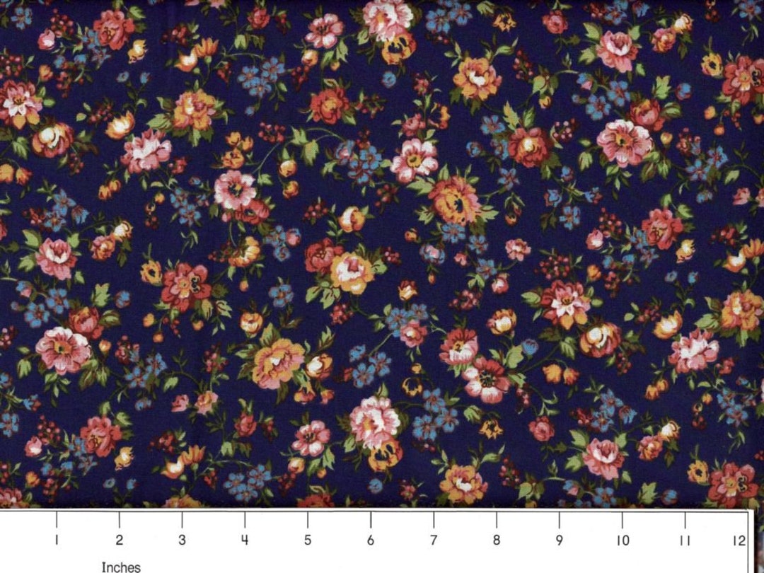Fabric New NAVY FLORAL Flowers All Over Etsy