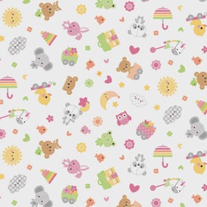 May include: A repeating pattern of whimsical baby-themed illustrations on a light gray background. The design includes teddy bears, bunnies, pandas, suns, clouds, flowers, and other cute elements in pastel colors. The overall theme is playful and suitable for children's products.