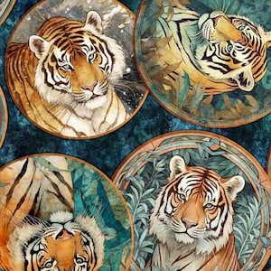 May include: A seamless pattern featuring four circular designs with a blue background. Each circle contains a tiger with orange and black stripes, set against a backdrop of green foliage.