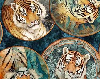 Fabric *EYE of the TIGER* Tiger Circle Collage Prussian Blue New! 100% Premium Cotton by Quilting Treasures Fabrics & Always Continuous Cut