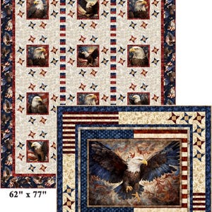 May include: Two patriotic quilts. The larger quilt is 62" x 77" and features images of bald eagles and stars on a cream background with red, white, and blue borders. The smaller quilt is 48" x 55" and has a central image of an eagle with outstretched wings.