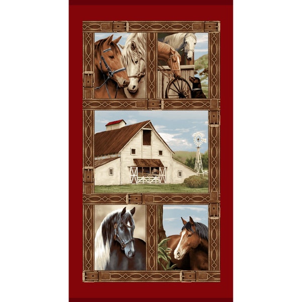 Fabric COTTONWOOD STABLES *HORSE Panel* New 100% Premium Cotton Beautiful Print by Henry Glass & Co - Always Continuous Cut For You!