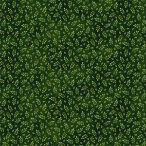 May include: A dark forest green fabric featuring a repeating pattern of small, light green and white sprigs of leaves. The design consists of dense, scattered botanical elements across the entire surface, creating a uniform, textured appearance.