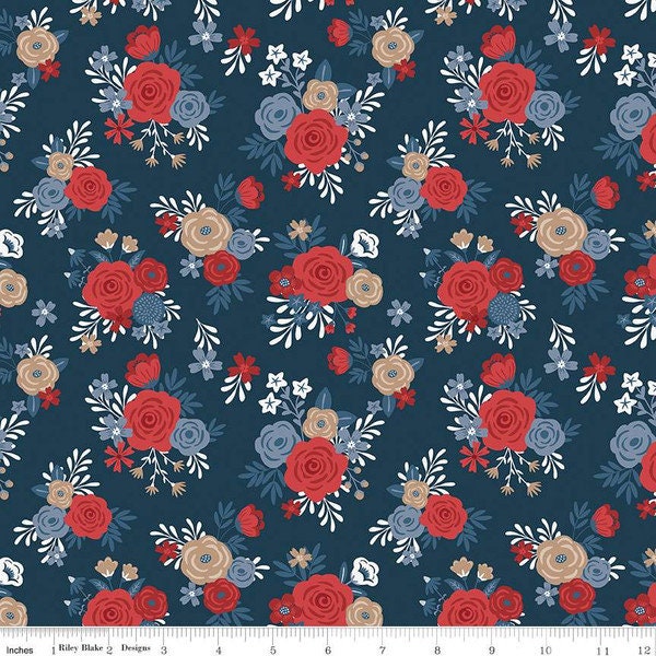 Fabric RED WHITE and TRUE *Bouquet Navy Floral*  C13181  New!!  100% Premium Quilt Shop Cotton by Riley Blake Designs