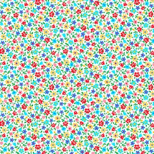 May include: A seamless pattern featuring a white background with a variety of small, colorful flowers. The flowers are red, yellow, blue, and pink. The pattern is perfect for fabric, wallpaper, or other decorative purposes.