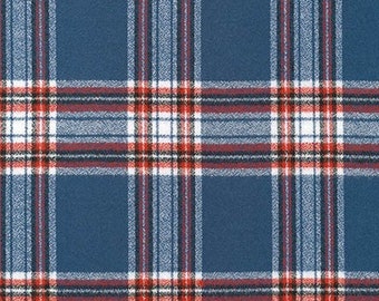 May include: A blue, red, white, and black plaid fabric with a woven texture.