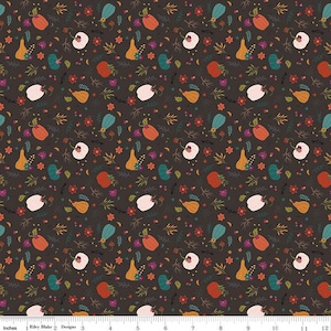 May include: A seamless pattern featuring a variety of autumn-themed elements on a dark brown background. The pattern includes gourds, leaves, flowers, and other autumnal details in shades of orange, yellow, green, and white.