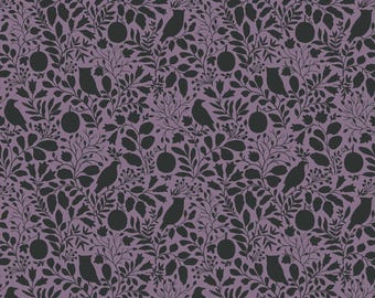 May include: A seamless pattern featuring a repeating design of stylized birds, fruit, and foliage in a dark charcoal color against a muted purple background. The design has a vintage, botanical feel.