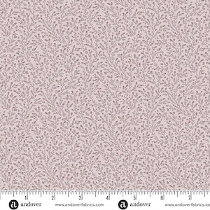 May include: A fabric with a repeating pattern of delicate, stylized branches and tiny floral elements in shades of mauve and gray. The design is set against a pale pink background, creating a soft, textured appearance. The fabric is suitable for various sewing projects.