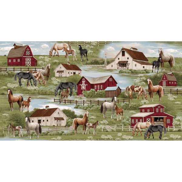 Fabric COTTONWOOD STABLES *HORSE Farm All Over* New 100% Premium Cotton by Henry Glass & Co - Always Continuous Cut For You!