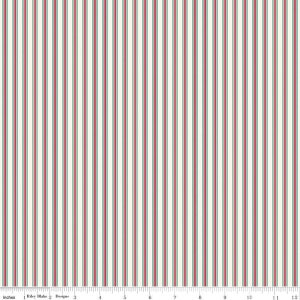 May include: White fabric with thin red and green stripes. The fabric is measured in inches.