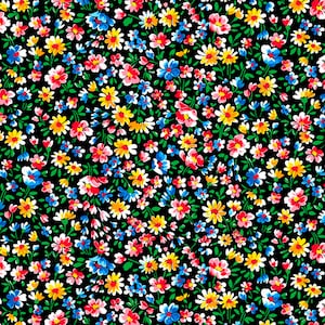 May include: A seamless pattern featuring a variety of colourful flowers on a black background. The flowers are in shades of pink, red, yellow, blue, and white.