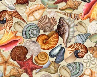 Fabric *ENDLESS BLUES* Packed SEASHELLS - Cream 2600-30045-E New and Always Continuous Cut.  Premium Cotton by Quilting Treasures !!