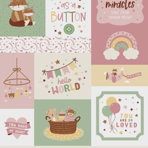 May include: A baby-themed design with various illustrations and text elements. The design includes a fox, a rainbow, a baby mobile, a basket of toys, and a train. Text includes "Cute as a Button," "Hello World," and "Welcome Baby."