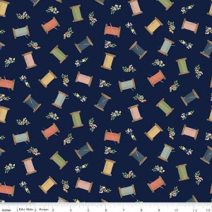 Sale!!!  Fabric &quot;SEW MUCH FUN&quot; Thread Spools Navy - New!!!  Thread All Over - Sew Much Fun!!!!!