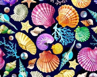Fabric PEARLS and SEASHELLS on NAVY New!! Premium Cotton Always Continuous Cut
