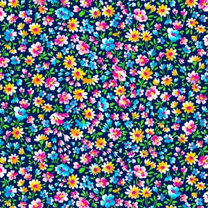 May include: A seamless pattern of colorful flowers on a dark blue background. The flowers are in shades of pink, yellow, blue, and white. The pattern is perfect for fabric, wallpaper, or other decorative purposes.