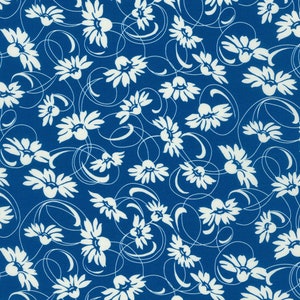 May include: A blue fabric with a white floral pattern. The flowers are stylized and have a simple design. The fabric is perfect for crafting projects, quilting, or making clothing.
