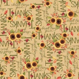 May include: A seamless pattern featuring sunflowers, leaves, and the phrase "In all things give thanks" repeated throughout. The background is a light brown color.