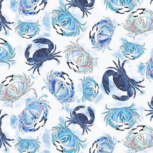 Fabric - White Ocean "BLUE CRABS" New!!! by Timeless Treasures!! 100% Cotton Digital Print!