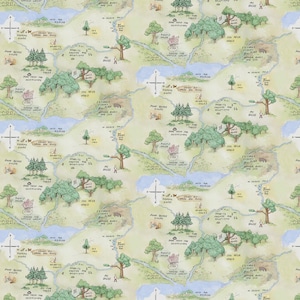 May include: A repeating pattern of a whimsical map with trees, rivers, and houses. The map features text labels like "100 Aker Wood" and "Rabbit's House." The color palette includes greens, browns, and blues, creating a vintage aesthetic.