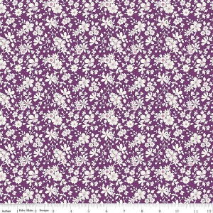 May include: Purple fabric with a white floral pattern. The fabric is covered in small white flowers with a light pink center.