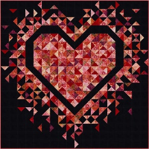 May include: A quilt featuring a large heart shape composed of red, pink, and orange triangular fabric pieces. The heart is outlined in black, with a black background. The quilt has a geometric design, with a modern aesthetic.