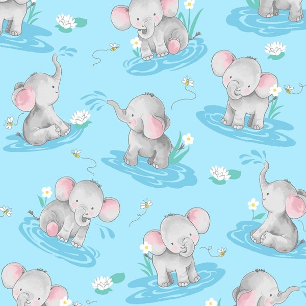 Fabric BLUE WATER FROLIC Little Darlings Happy Elephants All Over D187-B New 100% Premium Cotton by Freckle and Lollie :P