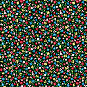 May include: A seamless pattern featuring a variety of small, colorful flowers on a black background. The flowers are in shades of red, pink, blue, yellow, and white.