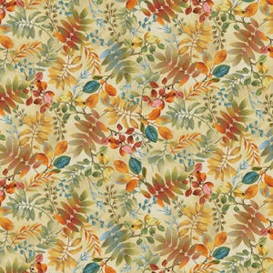 May include: A fabric pattern featuring a dense arrangement of autumn leaves and small berries in shades of orange, yellow, green, and teal. The foliage is set against a light beige background, creating a repeating botanical design across the surface.