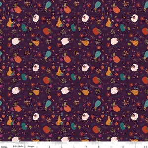 May include: A fabric with a repeating pattern of pumpkins, gourds, and flowers in shades of orange, white, teal, and pink on a dark purple background. The design includes various leaf and vine elements, creating a fall or harvest theme.