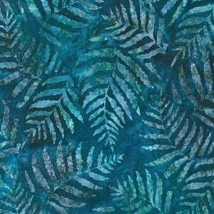 May include: Teal blue fabric with a white fern leaf pattern. The fabric has a batik style design.