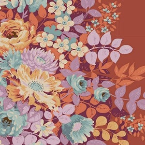 May include: A floral pattern with a variety of flowers in shades of pink, purple, orange, and blue. The background is a deep red color.