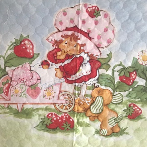 STRAWBERRY SHORTCAKE Quilted Fabric Panel - "Double-sided" 2012 Fabric Like New!!!  Including Custard Cat & Pup-cake Puppy! 35" x 44" !