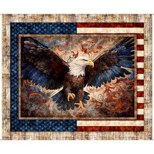 May include: A framed artwork featuring a majestic bald eagle with outstretched wings. The eagle has brown and white feathers, a yellow beak, and blue wingtips. The background has a patriotic theme with a blue star field and red and white stripes.
